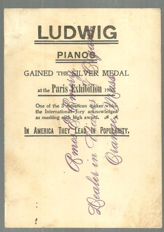 Victorian Trade Card for Ludwig Pianos with Courtly Gentleman Bowing on Front