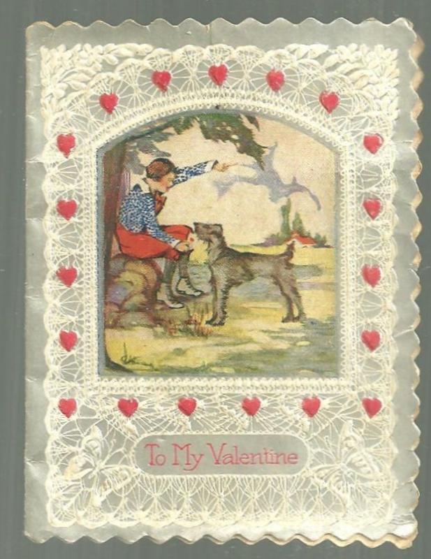 Vintage Valentine Card with Little Boy Playing Fetch with Dog To My Valentine