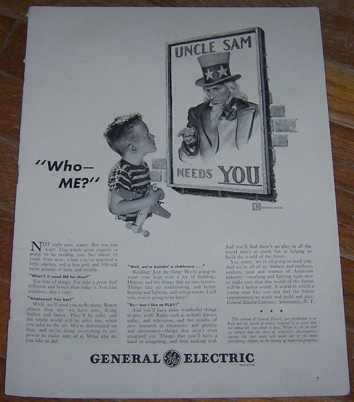 1942 General Electric World War II Life Magazine Advertisment Uncle Sam Wants U