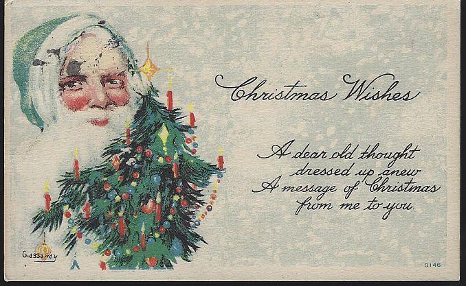 Vintage Christmas Wishes Postcard with Green Santa Claus and Christmas Tree 1919