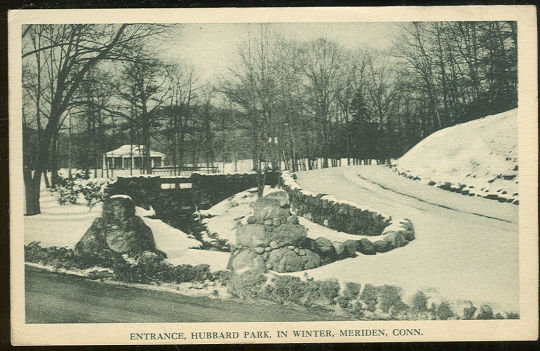 Postcard of Entrance, Hubbard Park in Winter, Meriden, Connecticut