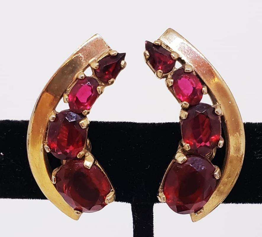 Gold Plated Ruby Red Rhinestone Castlemark Clip Earrings