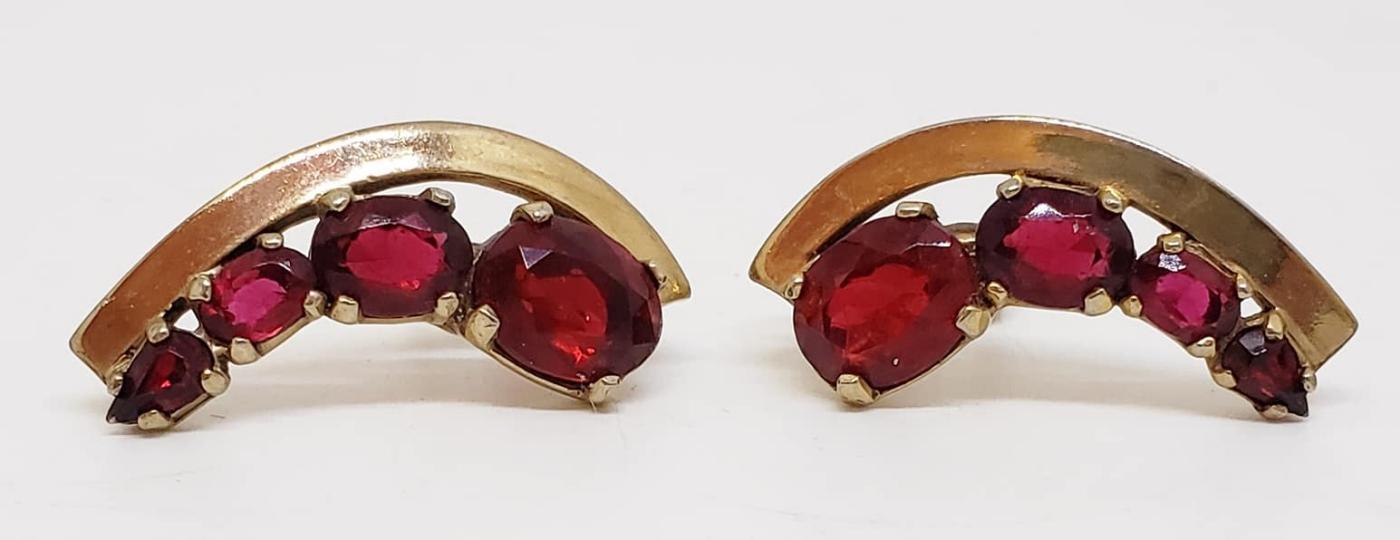 Gold Plated Ruby Red Rhinestone Castlemark Clip Earrings