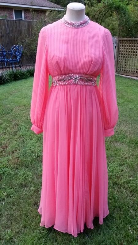 Vintage 70's Coral Crepe Chiffon Evening Gown