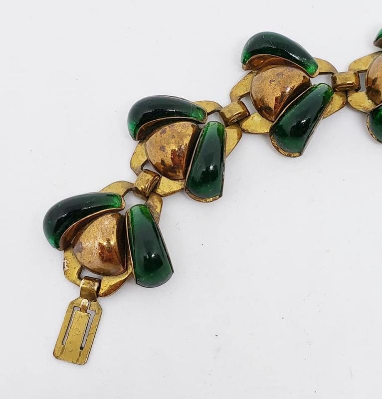 Vintage 6-Link Copper, Brass & Green Glass Bracelet