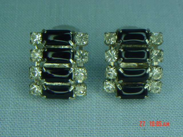 Black Glass & Clear Rhinestone Clip Earrings