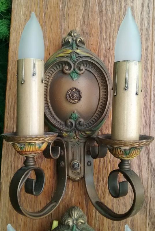 Antique Polychromed Sconce Pair Double-Light Early 1900s-20s Rewired