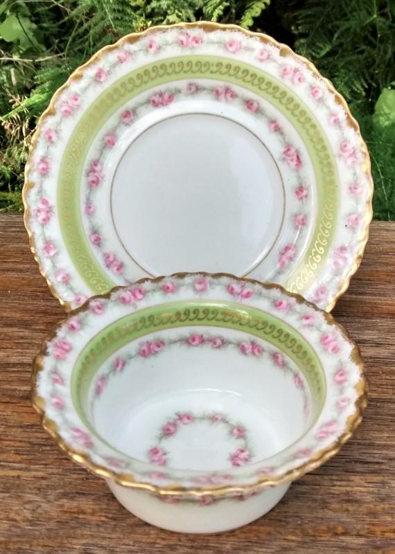 Antique Elite Limoges Ramekin w/Saucer Bawo & Dotter Pink Roses/Green Band Early 1900s