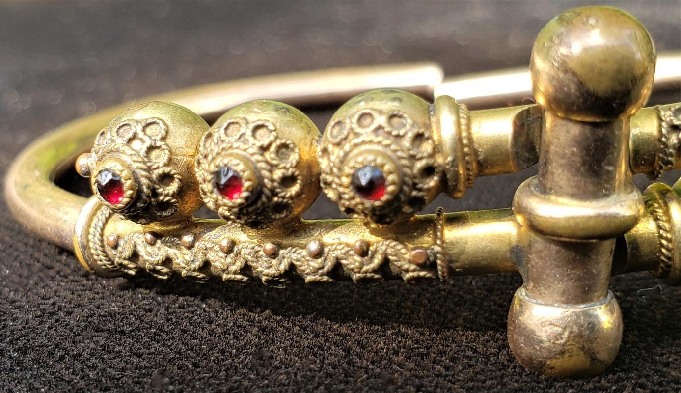 Antique Etruscan Revival Bracelet Gold-Filled Patd 1882 Red Stones By-Pass Hinge