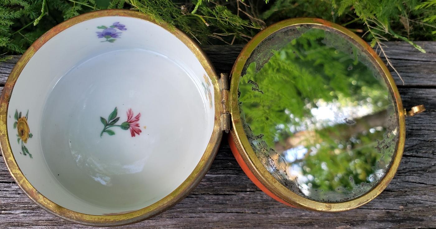 Antique German Courting Couple Trinket Box Hinged Lid Red