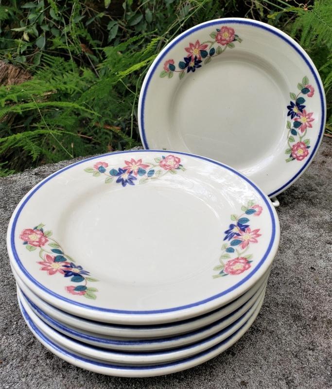 Vintage Shenango Restaurant Plate Set/6 Flowers/Blue Line 1980s 6.25