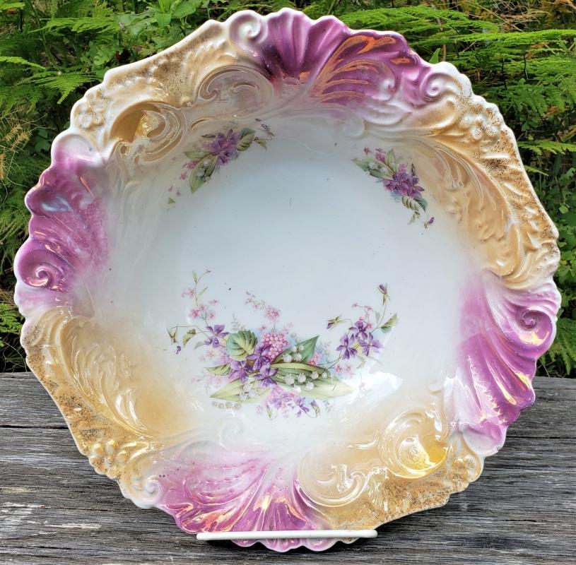 Antique Multicolor Floral Fancy Bowl Deep Embossed Rim Ca. 1900