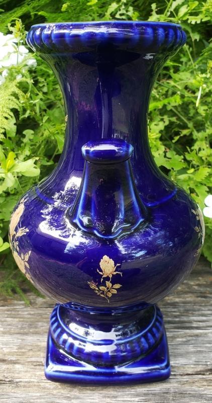 Vintage Bareuther Echt Cobalt Vase 22K Gold Roses 9.5