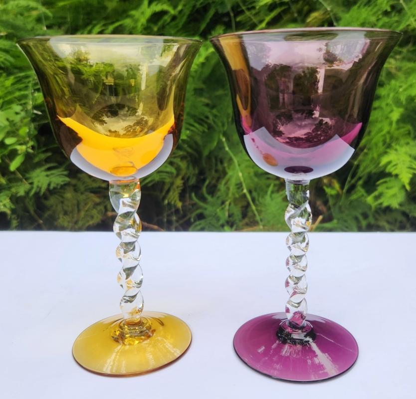 Vintage Twisted Stem Glass Pair Amber/Amethyst 1940s-60s Italy