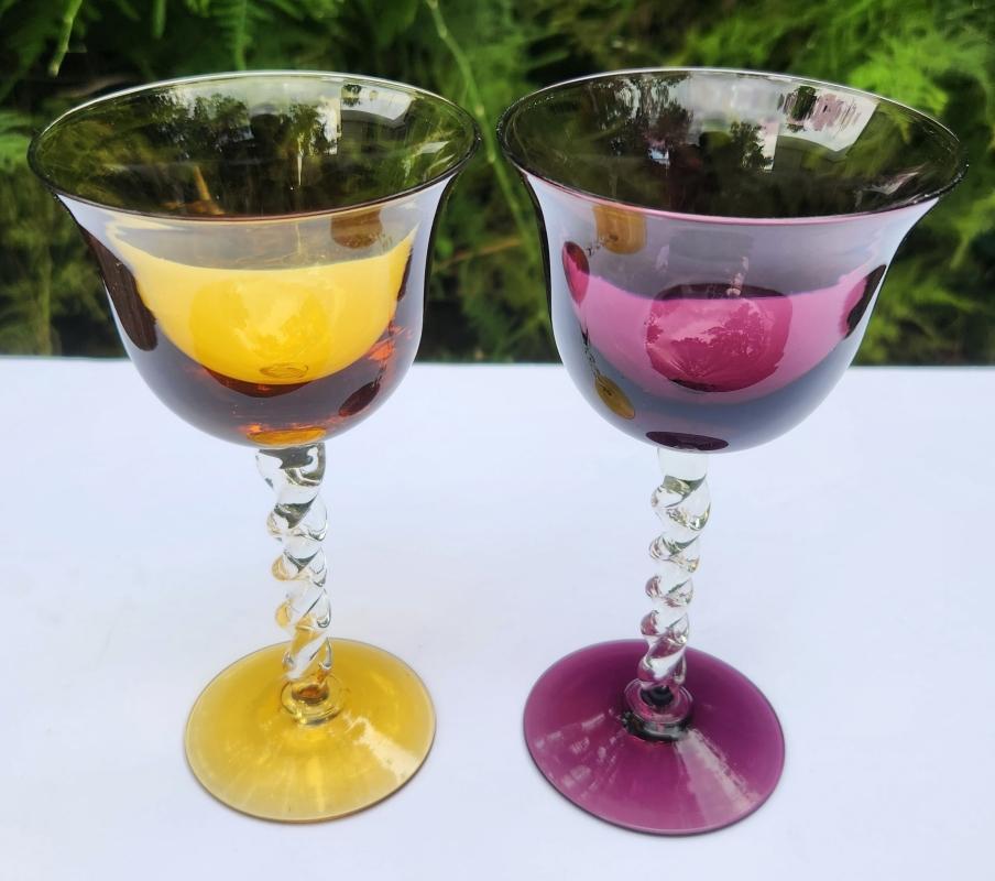 Vintage Twisted Stem Glass Pair Amber/Amethyst 1940s-60s Italy