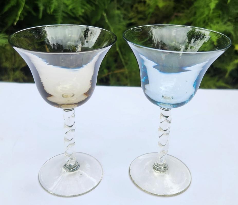 Vintage Twisted Stem Glass Pair Blue/Smoke 1940s-60s Italy