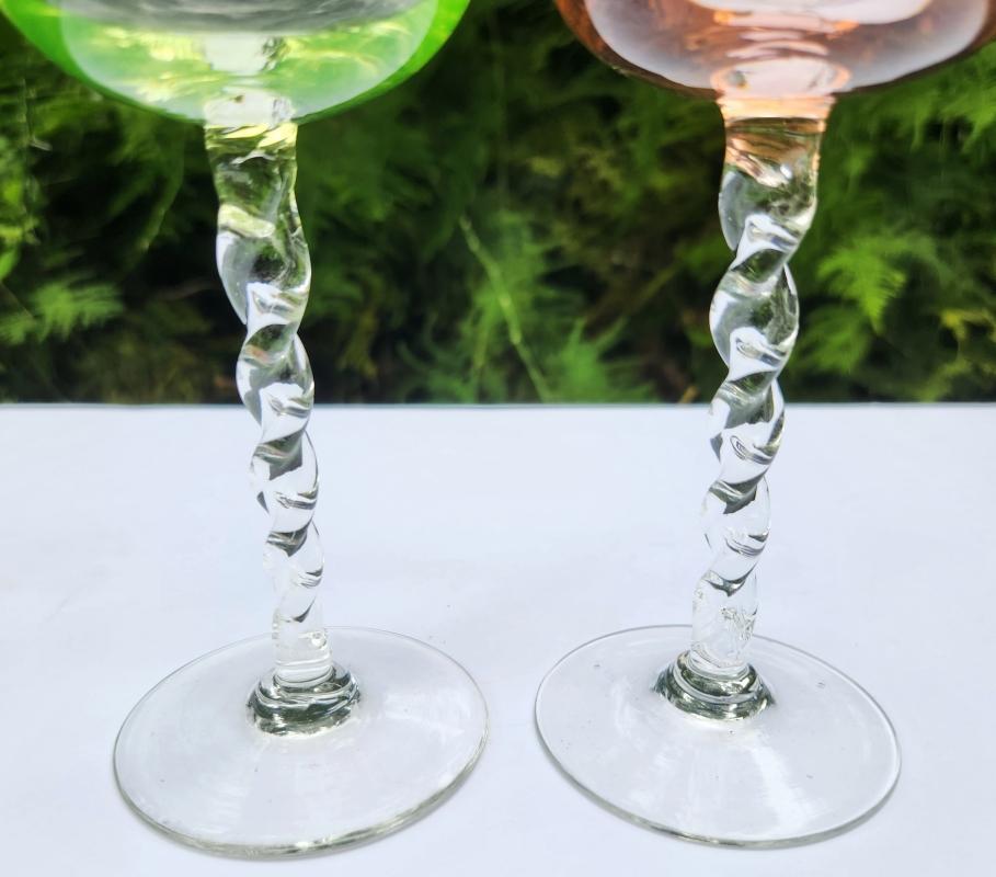 Vintage Twisted Stem Glass Pair Uranium Green/Peach 1940s-60s Italy