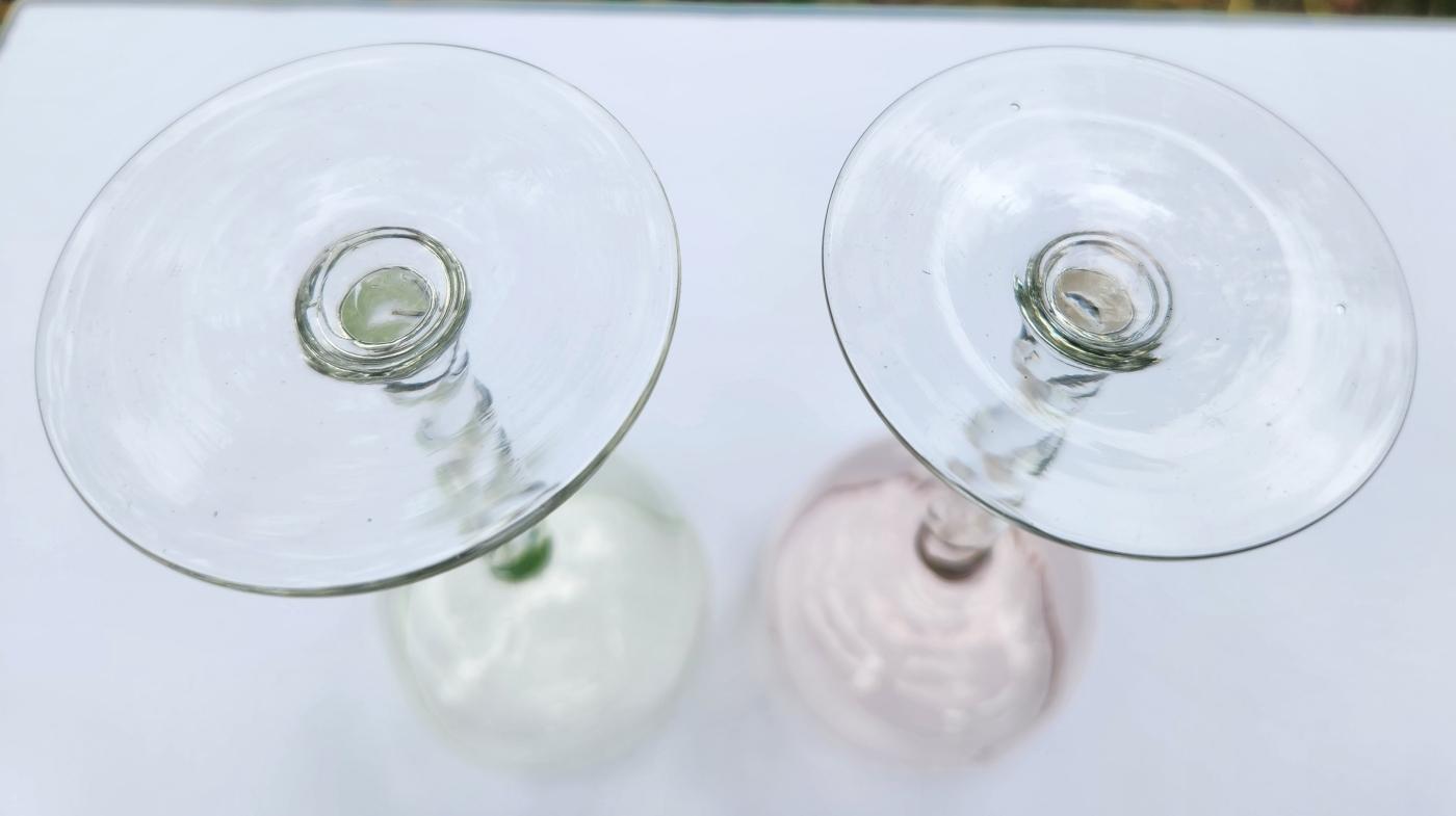 Vintage Twisted Stem Glass Pair Uranium Green/Peach 1940s-60s Italy