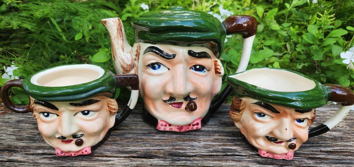 Vintage UCAGCO Toby-Style Teapot/Cream/Sugar 1950s Japan As Is