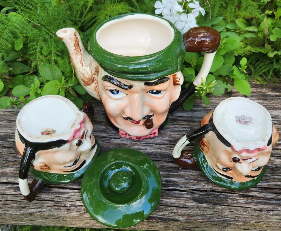 Vintage UCAGCO Toby-Style Teapot/Cream/Sugar 1950s Japan As Is