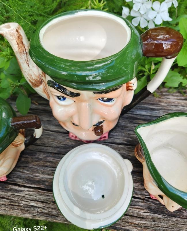 Vintage UCAGCO Toby-Style Teapot/Cream/Sugar 1950s Japan As Is