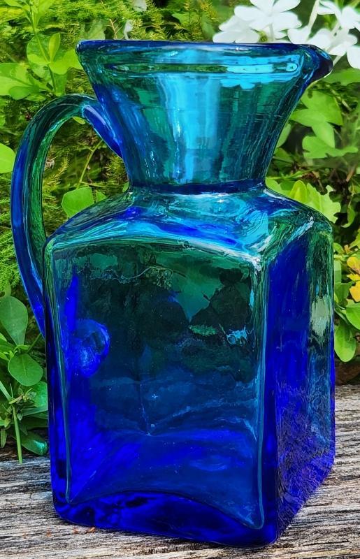 Vintage Rainbow Art Glass Pitcher Square Blue 5.75