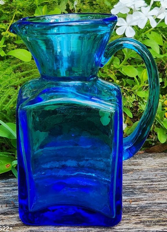 Vintage Rainbow Art Glass Pitcher Square Blue 5.75