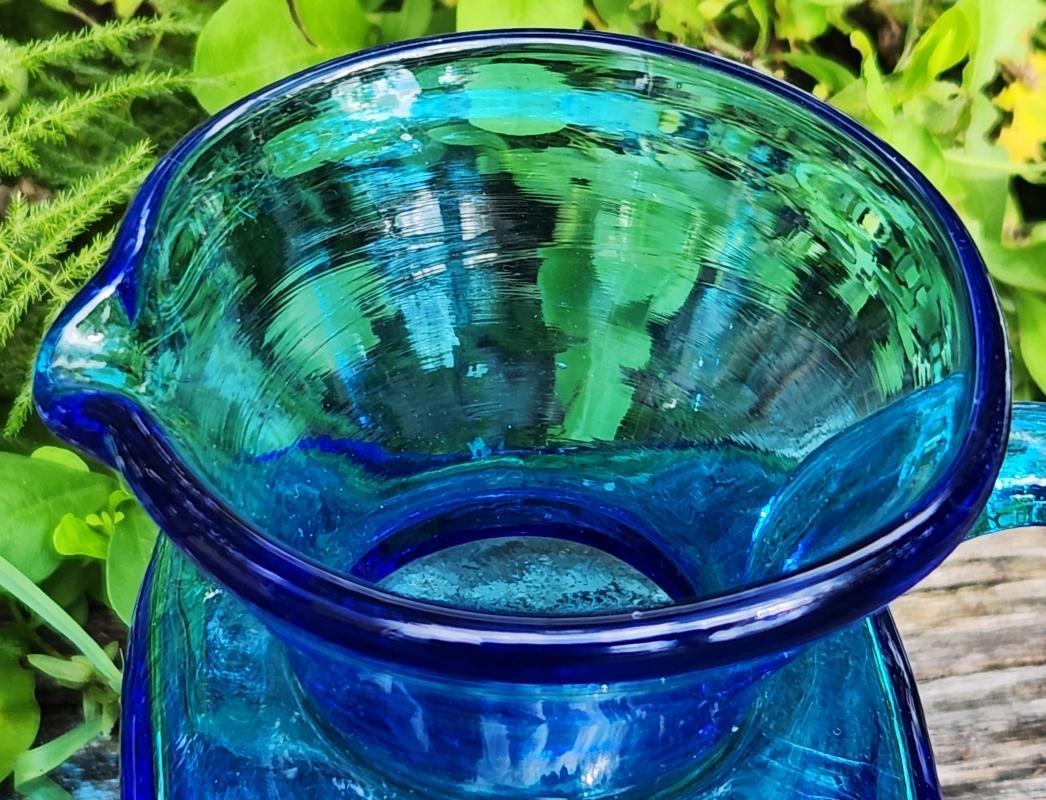 Vintage Rainbow Art Glass Pitcher Square Blue 5.75
