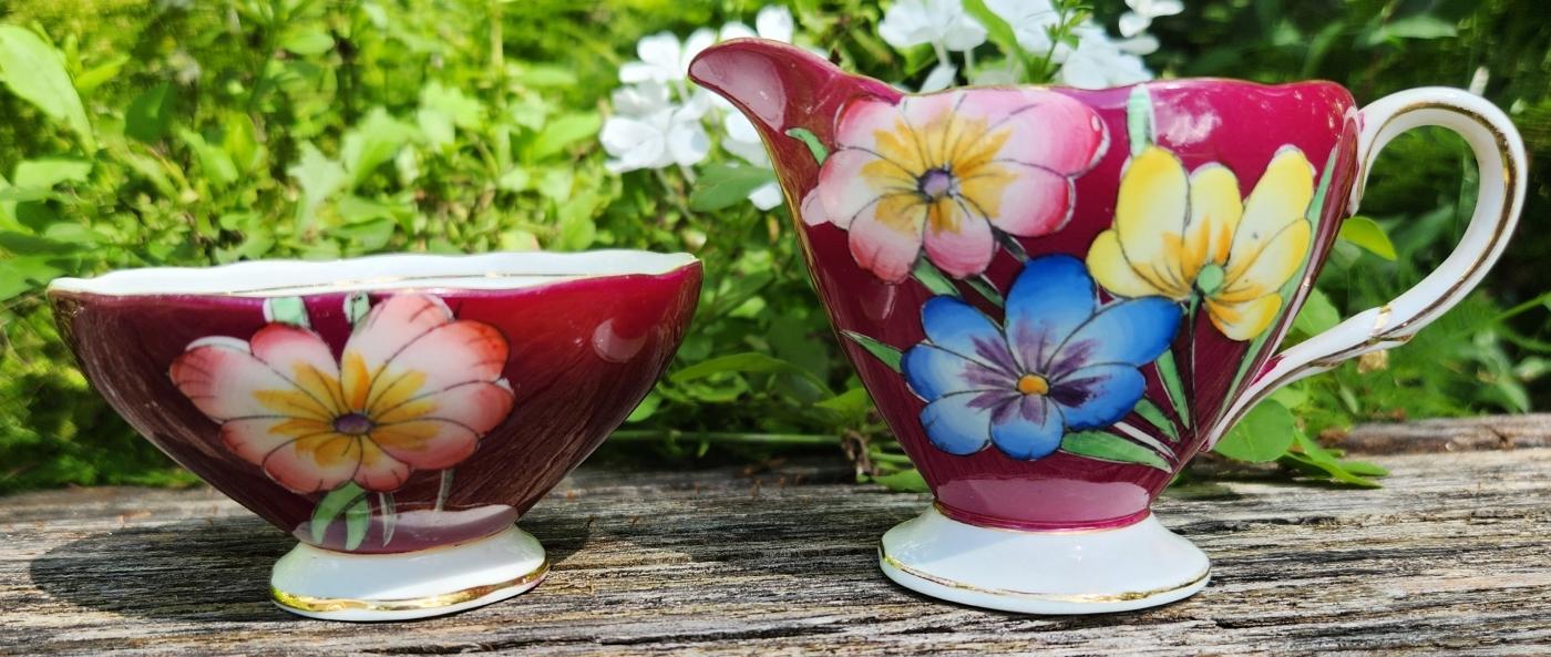 Vintage Foley Cream/Sugar Maroon Hand-Painted Floral 3