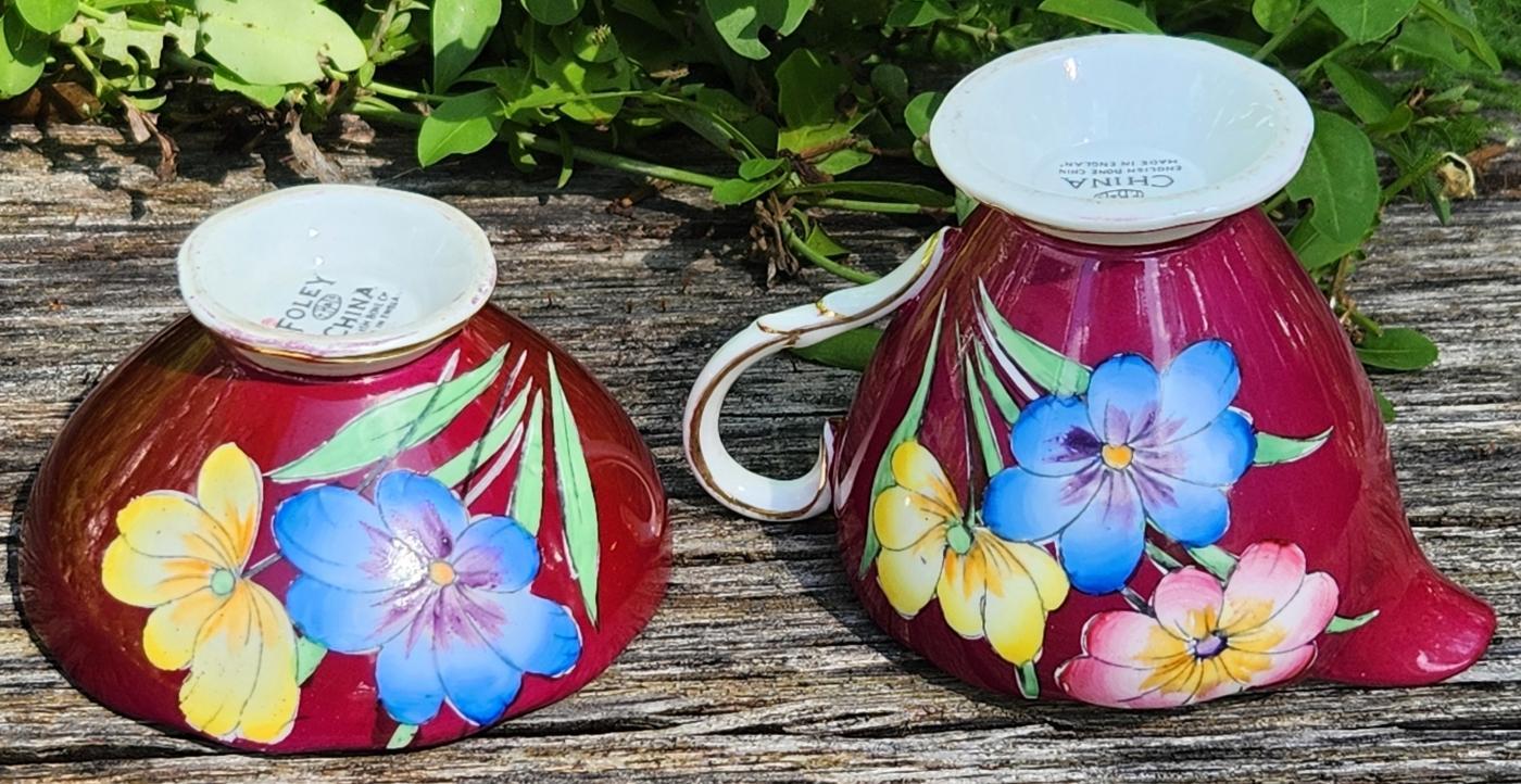 Vintage Foley Cream/Sugar Maroon Hand-Painted Floral 3