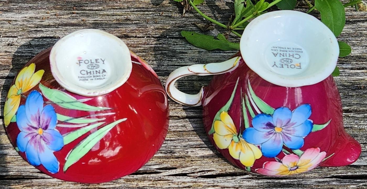 Vintage Foley Cream/Sugar Maroon Hand-Painted Floral 3