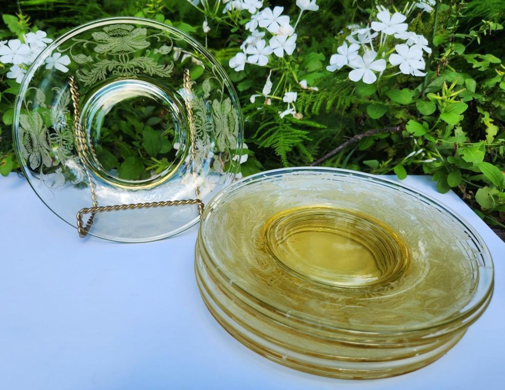 Vintage Tiffin FLANDERS Topaz Yellow Plate Set/7 Etched Glass 6 3/8