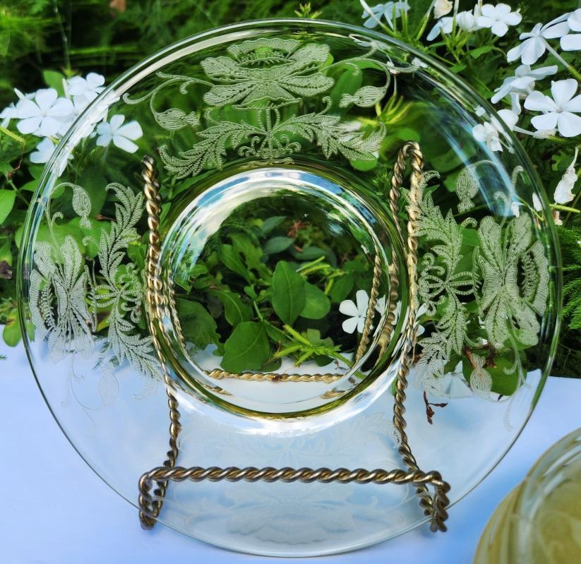 Vintage Tiffin FLANDERS Topaz Yellow Plate Set/7 Etched Glass 6 3/8