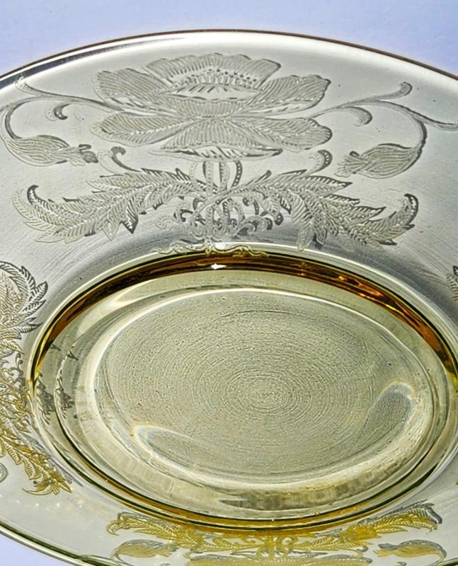 Vintage Tiffin FLANDERS Topaz Yellow Plate Set/7 Etched Glass 6 3/8