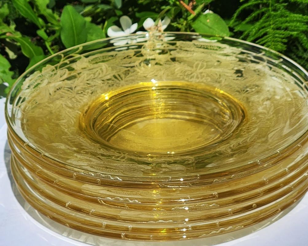 Vintage Tiffin FLANDERS Topaz Yellow Plate Set/7 Etched Glass 6 3/8