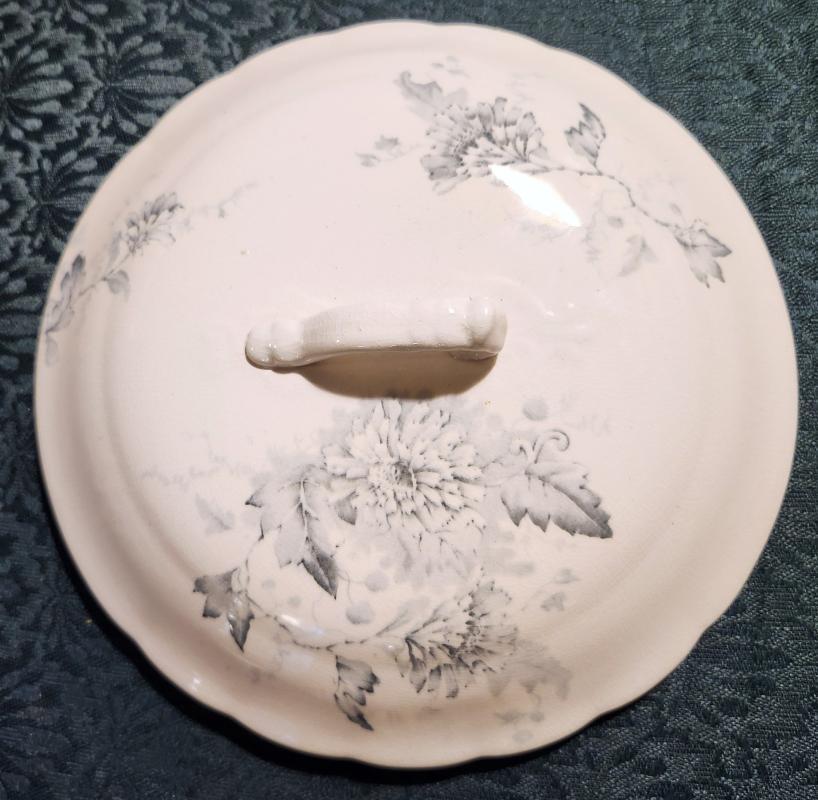 Antique Transferware Lid Gray-Blue Floral 8.75