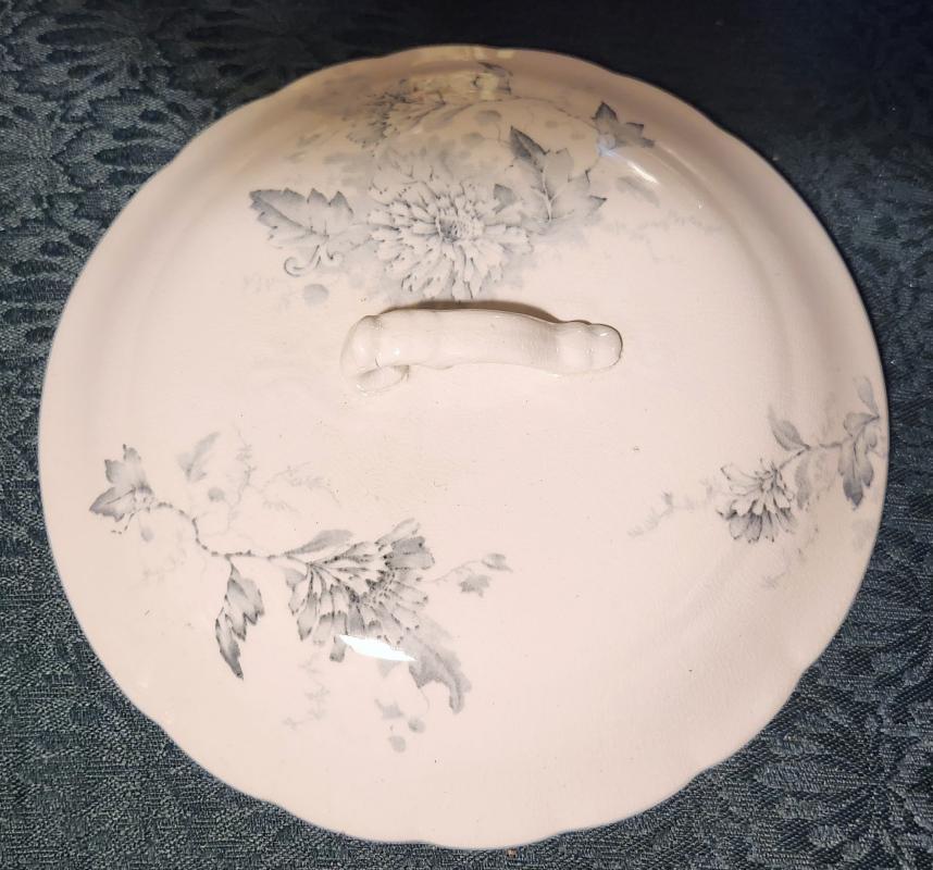 Antique Transferware Lid Gray-Blue Floral 8.75