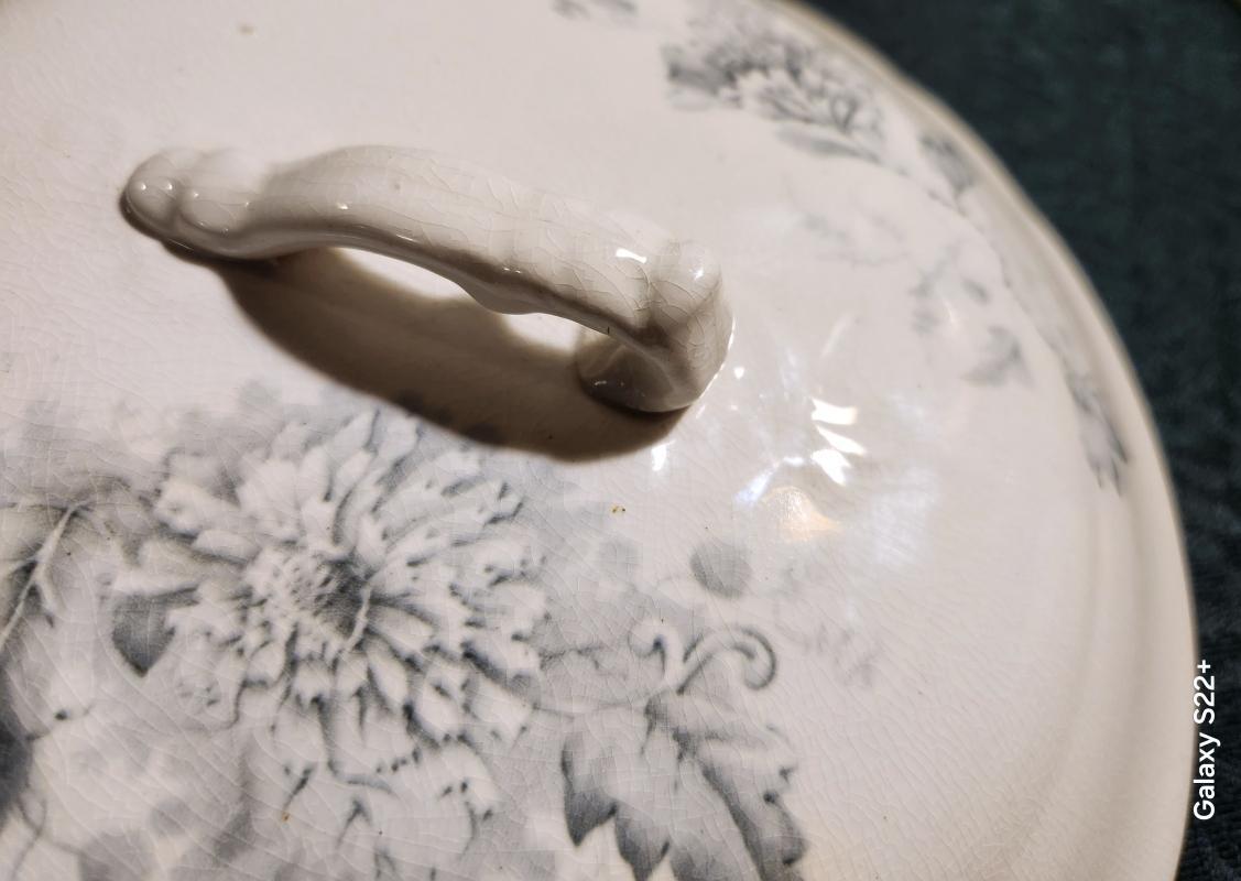 Antique Transferware Lid Gray-Blue Floral 8.75
