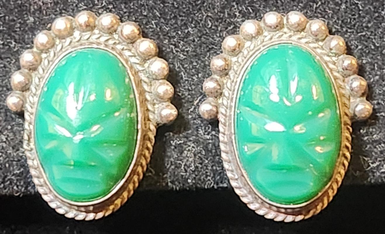 Vintage Mexican Silver Earrings Green Masks Signed
