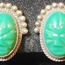 Vintage Mexican Silver Earrings Green Masks Signed