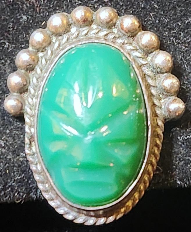 Vintage Mexican Silver Earrings Green Masks Signed