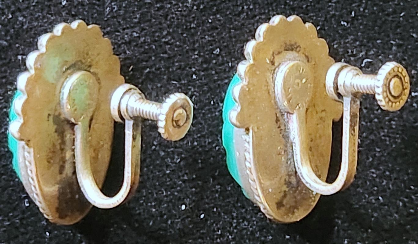 Vintage Mexican Silver Earrings Green Masks Signed