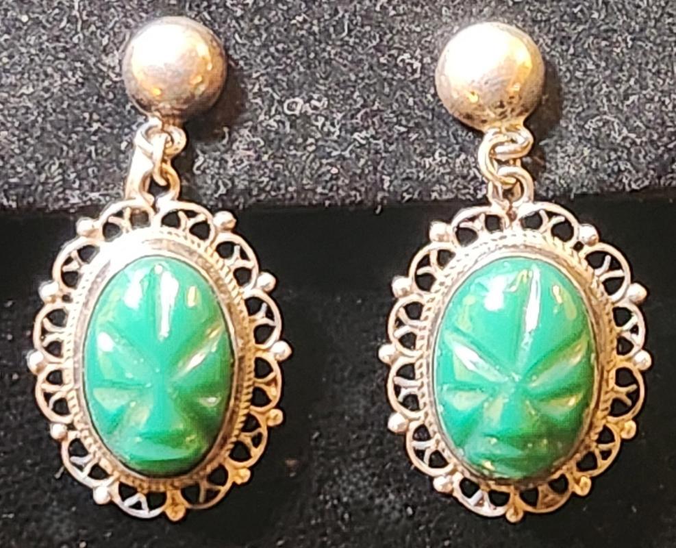 Vintage Mexican Sterling Earrings Green Masks Signed
