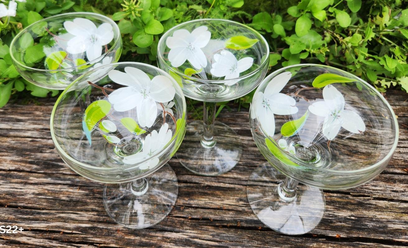 Vintage Hand-Painted WHITE DOGWOOD Champagne/Tall Sherbet Set/4 Federal