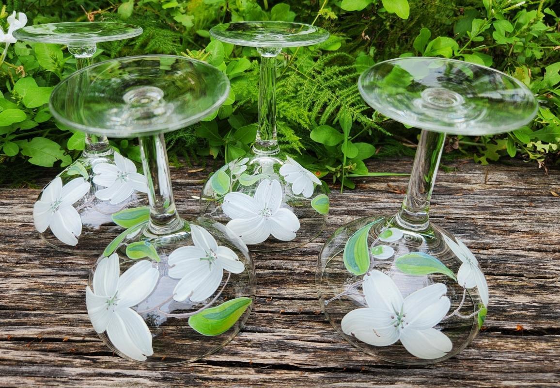 Vintage Hand-Painted WHITE DOGWOOD Champagne/Tall Sherbet Set/4 Federal