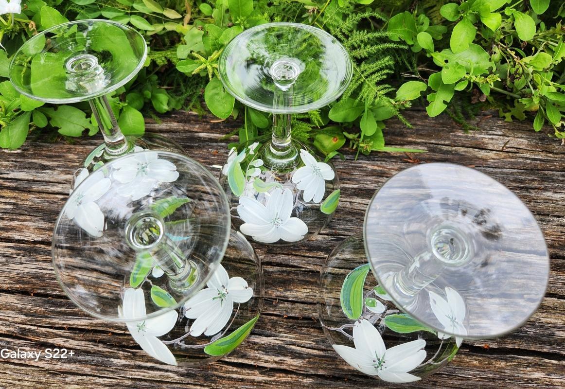 Vintage Hand-Painted WHITE DOGWOOD Champagne/Tall Sherbet Set/4 Federal