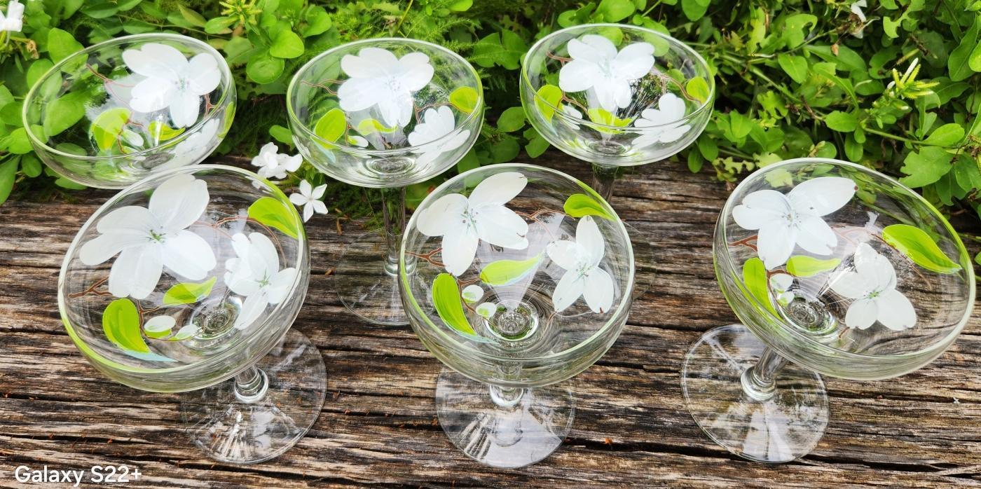 Vintage Hand-Painted WHITE DOGWOOD Champagne/Tall Sherbet Set/6 Federal