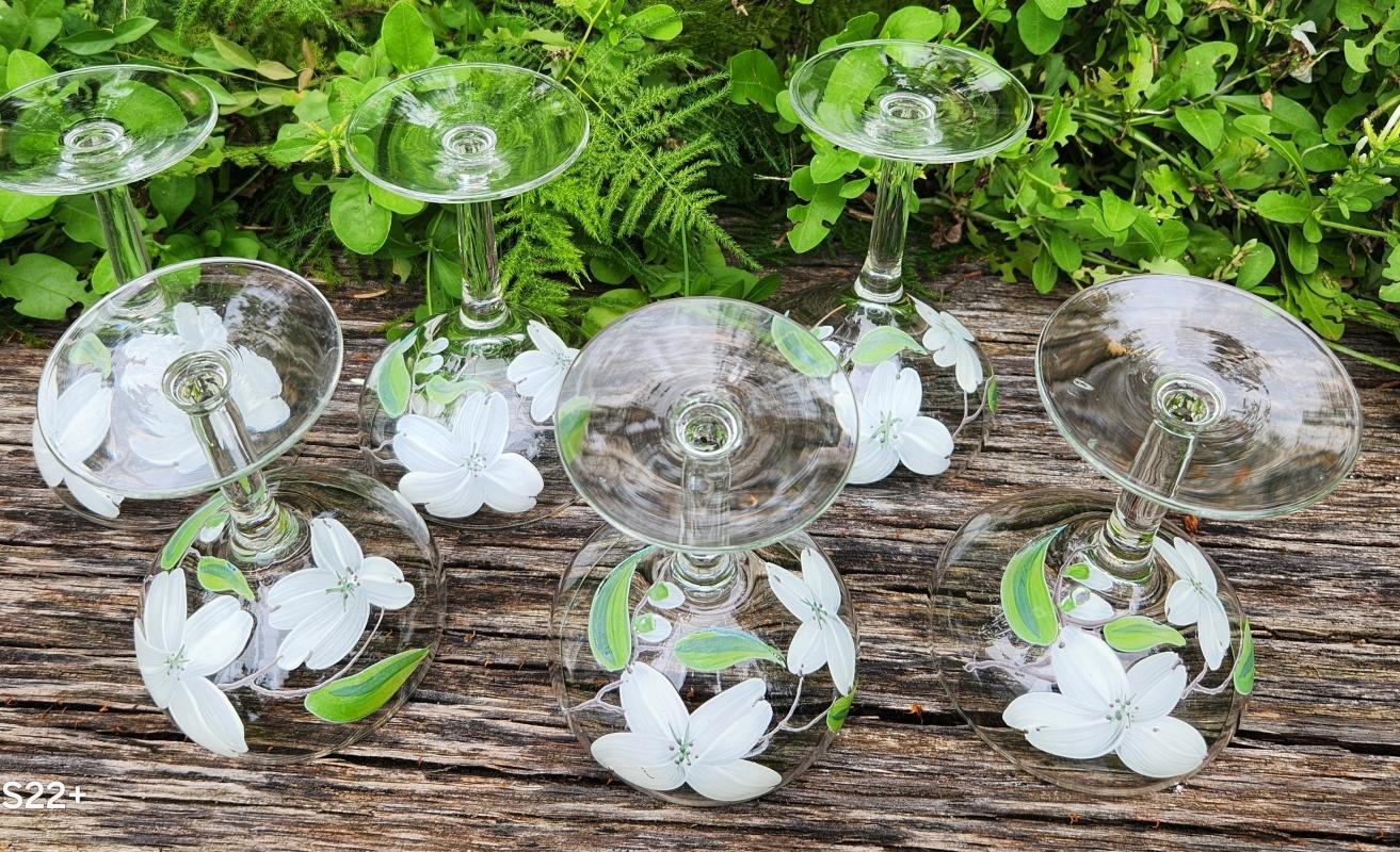 Vintage Hand-Painted WHITE DOGWOOD Champagne/Tall Sherbet Set/6 Federal