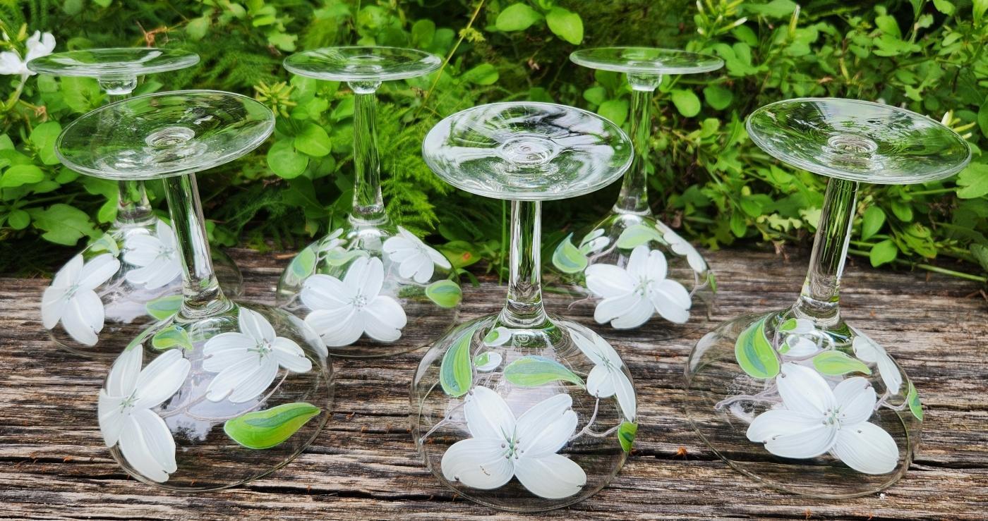 Vintage Hand-Painted WHITE DOGWOOD Champagne/Tall Sherbet Set/6 Federal