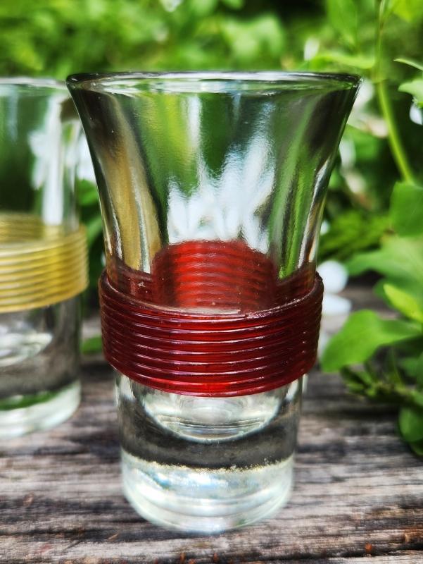 Vintage Paperweight Shot Glass Set/4 Colored Bands 1940s